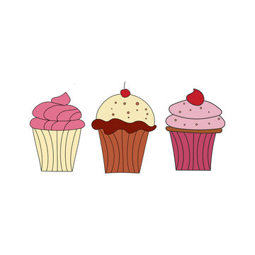 Three different cupcakes in style of line art on white background