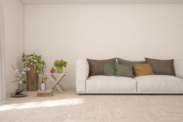 Stylish room in white color with sofa. Scandinavian interior design. 3D illustration