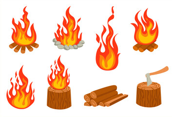 Tourist bonfire. Fire burning wooden logs. Firewood flames, bonfire flame vector