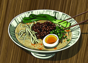 a noodle soup with ground meat, egg and onion