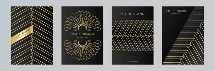 Modern black cover frame design set. Luxury creative line pattern in black and gold premium colors. Formal vector for brochure template, magazine layout, notebook cover, business poster, eco catalog.