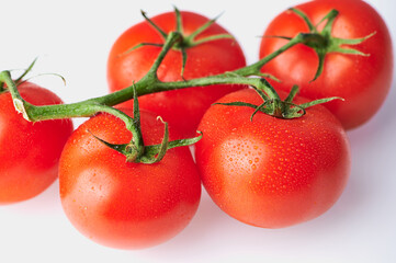 close up of raw vine tomatoes with water drops