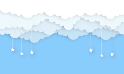 Blue sky and clouds in paper cut style with star  Design for backdrop, poster, banner, template, wallpaper, advertising. Vector illustration.