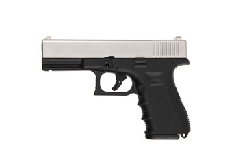 Modern black and silver semi-automatic pistol. A short-barreled weapon for self-defense. Arming the police, special units and the army. Isolate on a white back.