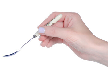 Hand holding empty teaspoon on white background isolation