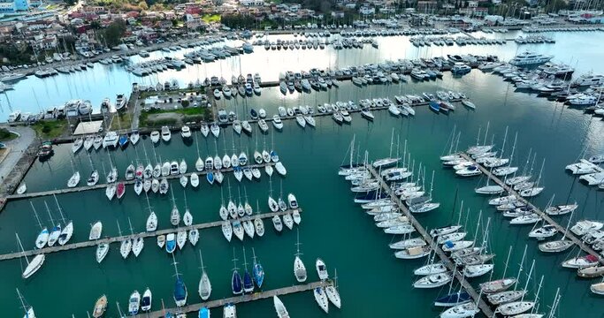 Flying over yachts, Corfu Greece