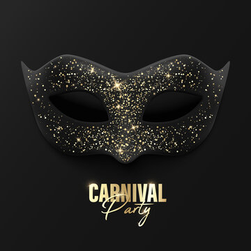 Vector 3d Reaistic Black Carnival Masquerade Mask with Golden Glitter Decoration. Face Carnival Mask Closeup on Black. Carnival Party Banner, Card. Halloween, Festival, Masquerade Concept