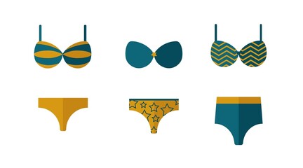 Set of bikini icons. Summer flat design. Yellow and blue swimwear.