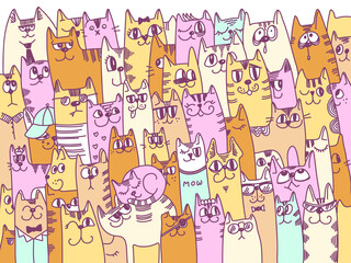 Cats background vector. Cute cartoon cats colors vector doodle hand drawn on white background