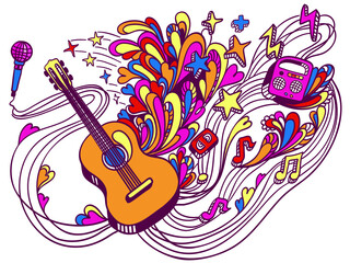 Music doodle guitar color illustration with music decoration and elements on white background. Drawing design concept