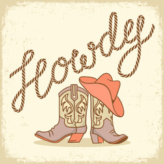 Cowboy boots and cowboy hat Country farm colors vector frame illustration with flowers decor background for design, print. Hand drawing vector background.