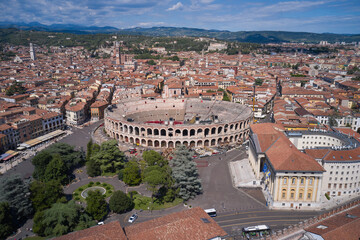 Historic part of the city of Verona, Italy. Aerial view of the Arena di Verona in Italy.