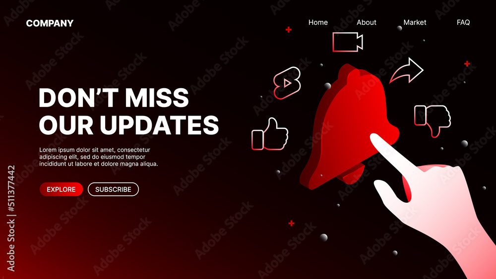 Poster do not miss updates. notification button on red website landing page. vector illustration