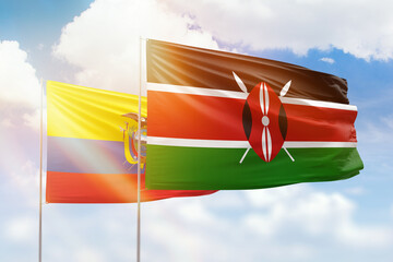 Sunny blue sky and flags of kenya and ecuador