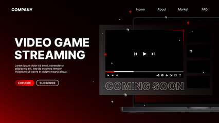 Video Game Streaming Service Landing Page. Red Dark Website Template. Vector illustration