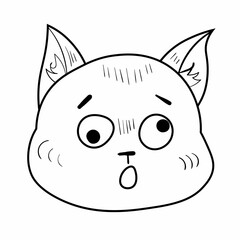 Doodle big eyes cat emotion head.Emoji icon. Cute fun kid vector illustration. Black line art animal on white background.