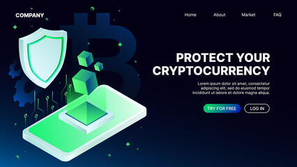 Cryptocurrency Protection Horizontal Web Banner. Isometric Landing Page Template. Vector illustration