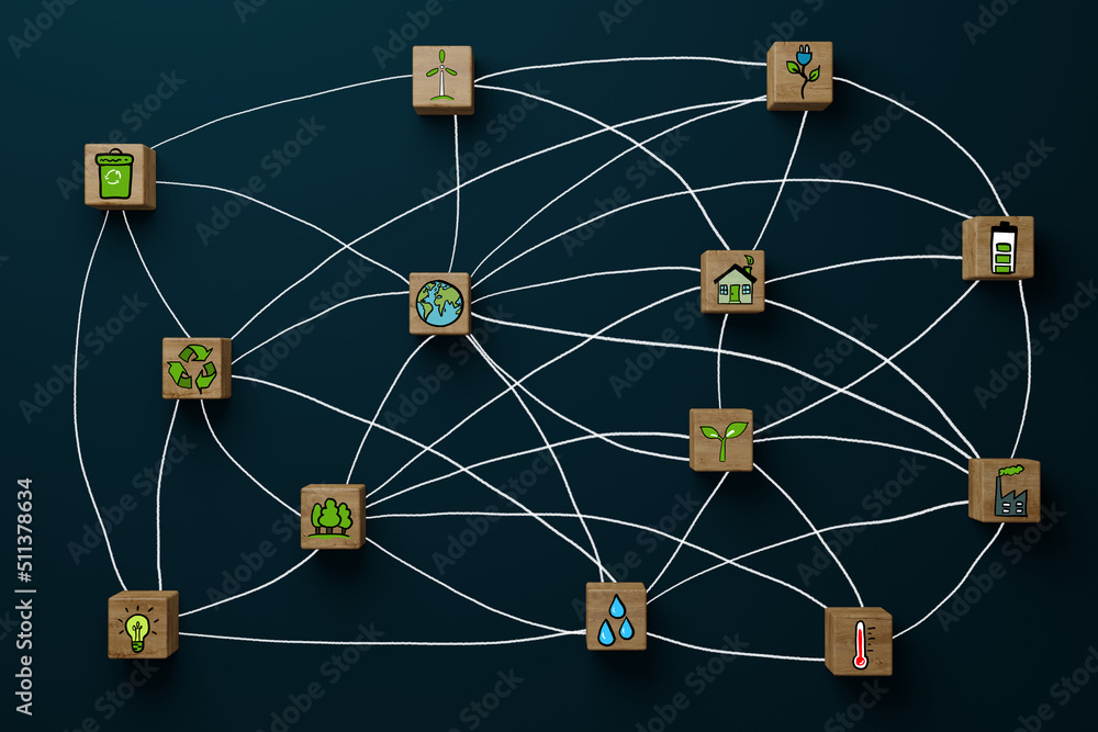 Poster wooden blocks connected with each other with icons of caring for the environment. concept of environ