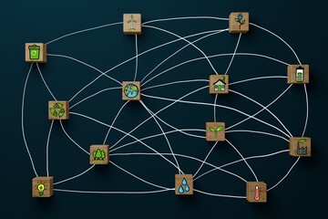 Wooden blocks connected with each other with icons of caring for the environment. Concept of environmental protection, caring for the climate, planet Earth. Recycling and environmental protection.