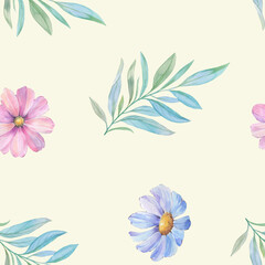 Fototapeta na wymiar Flowers and leaves painted in watercolor for design, wallpaper, wrapping paper. Abstract seamless pattern.