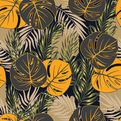 Fototapeta na wymiar Fashionable seamless tropical pattern with bright plants and leaves on a black background. Beautiful seamless vector floral pattern. Summer colorful hawaiian.Printing and textiles. 