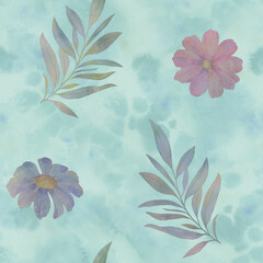 Flowers and leaves painted in watercolor for design, wallpaper, wrapping paper. Abstract seamless pattern.