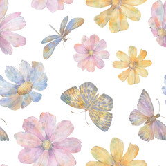 Abstract, watercolor, seamless background for design, from delicate flowers and butterflies.