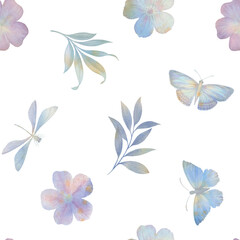 Fototapeta na wymiar Seamless pattern painted in watercolor in digital processing. Abstract background of butterflies, dragonflies and leaves.