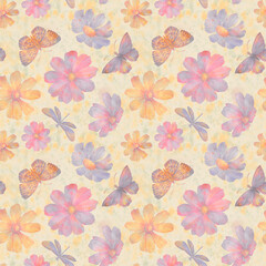 Abstract, watercolor, seamless background for design, from delicate flowers and butterflies.
