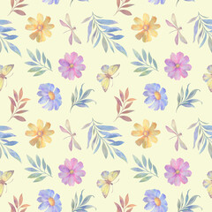 Seamless background of flowers, butterflies, leaves, painted in watercolor, processed in a digital program.