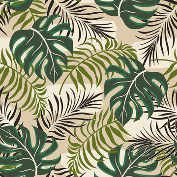 Fashionable seamless tropical pattern with bright plants and leaves on a beige background. Modern abstract design for fabric, paper, interior decor. Exotic jungle wallpaper. © EltaMax99