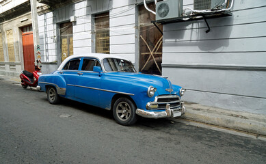 old blue classic car on the streets of matanzas