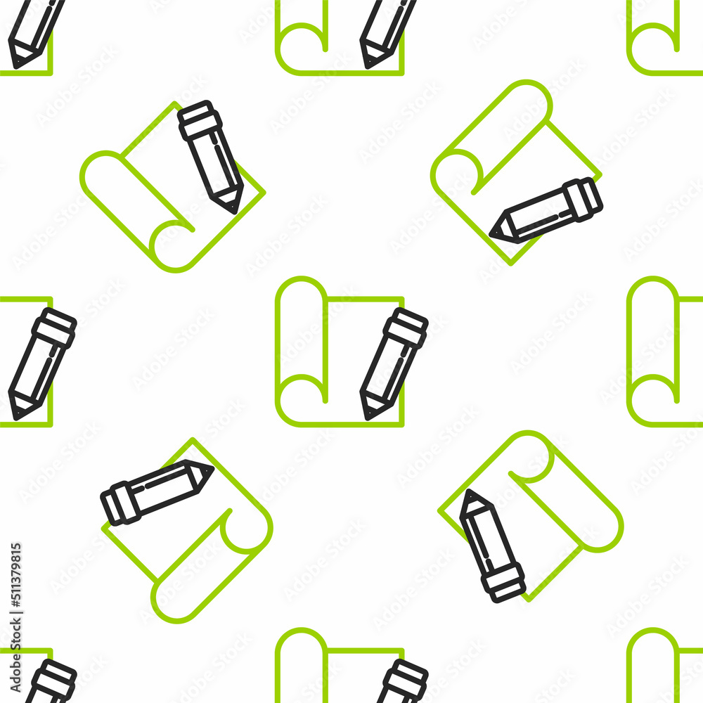Poster line graphing paper for engineering and pencil icon isolated seamless pattern on white background. v