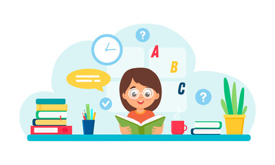 Cute little kid girl doing homework read book.Girl study with smile.Back to school concept.Vector illustration