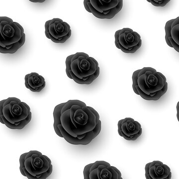 Vector Flower Seamless Pattern, Black Realistic 3d Roses on White. Floral Seamless Background. Wedding Concept. Floral Illustration for Dreeting Card, Invitation, Textile, Wallpaper Flower Design
