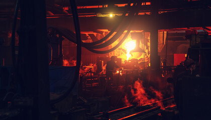 Steel mill for iron pipes or tubes for water production. Metallurgy foundry factory interior.