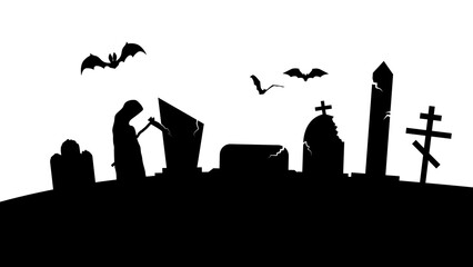 Fototapeta na wymiar Creepy cemetery silhouette. Black Halloween horror landscape. Spooky graveyard panorama. Black silhouettes of tombstones, crosses and gravestones. Vector nightmare illustration