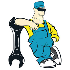 Handyman brutal and funny. Repair worker in uniform with a wrench. Repair and service humorous