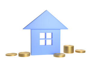 3d house with gold coins icon isolated on white background. 3D rendering