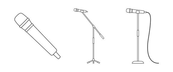 Set of black outline vocal microphones isolated on white background. Vector illustration
