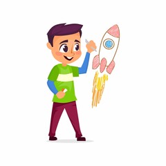 Cute little boy drawing a rocket or a spaceship on a wall. A child is drawing with colorful crayons or markers with joy. Vector illustration, isolated on white background.