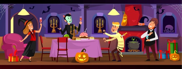 Halloween party with people in scary costumes in a decorated room. Witch, vampire, mummy. Pumpkins, a cauldron with a potion, candles, a witch hat, sweets on a table, bats, web. Vector illustration.