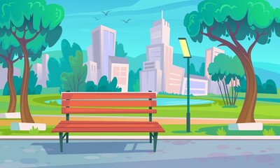 Park with a lake in summer. Scenic view on a wooden bench and city buildings - obrazy, fototapety, plakaty