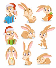 Obraz premium Big set of cute little rabbits. Rabbit in a Christmas hat, with a present, rabbit in a gift box, with a flower, waving, sleeping, happy with a carrot. Vector illustration isolated on white background.