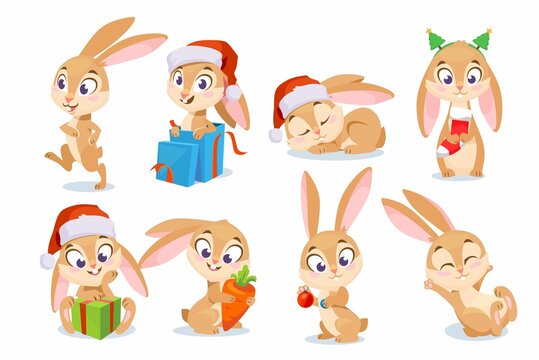 Big set of Christmas and New Year rabbits. Cute characters in a Christmas hat and stocking, in a gift box, with a present, carrot, and tree ornaments. Vector illustration isolated on white background.