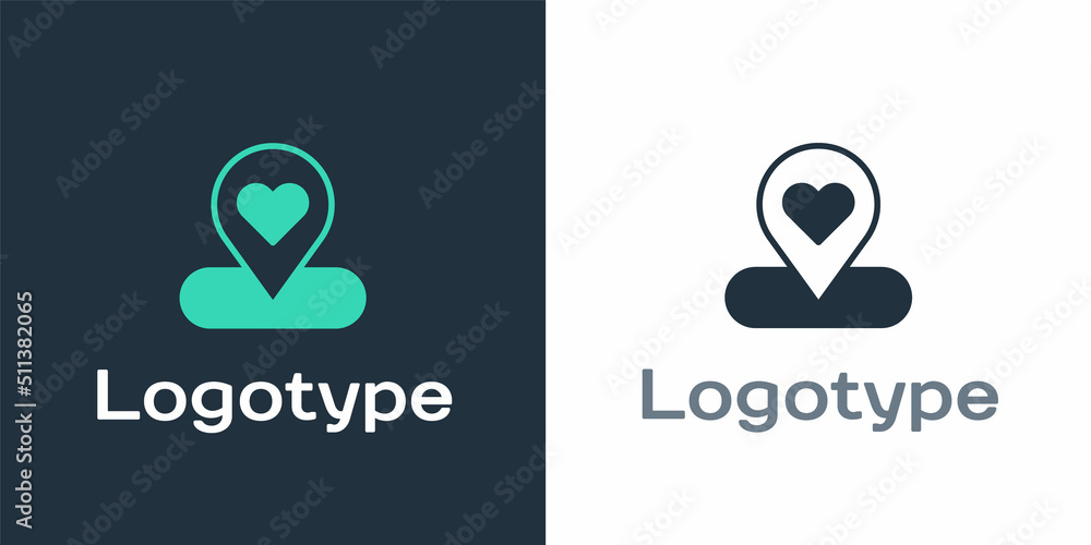 Poster logotype map pointer with heart icon isolated on white background. valentines day. love location. ro