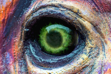 Close-up of a green artificial eye near the sculpture.