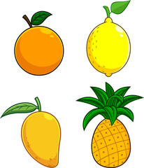 Cartoon Tropical Fruits Food. Vector Hand Drawn Collection Set Isolated On White Background