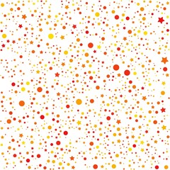 Orange and yellow stars and circles pattern on the white background. Vector illustration.
