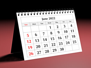 One page of the annual business desk monthly calendar. Date - month June 2022